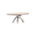 Modern ovalen eettafel met unieke designbasis van metaal en hout.