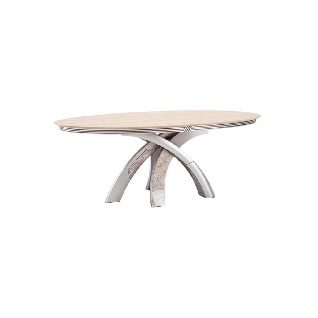 Modern ovalen eettafel met unieke designbasis van metaal en hout.