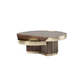 Technische titel in het Nederlands: "Ronde Salontafel met Walnoot Hout en Gouden Accenten"