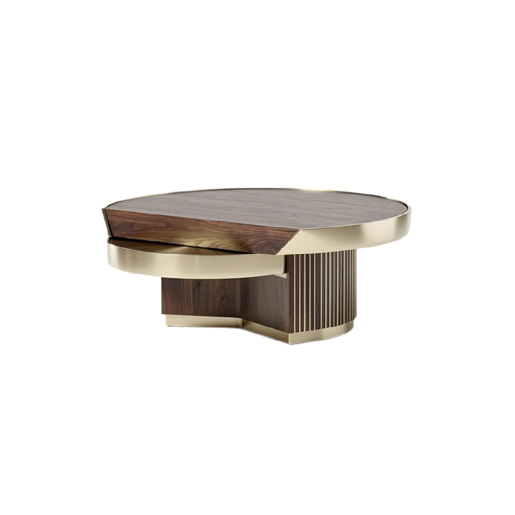 Technische titel in het Nederlands: "Ronde Salontafel met Walnoot Hout en Gouden Accenten"