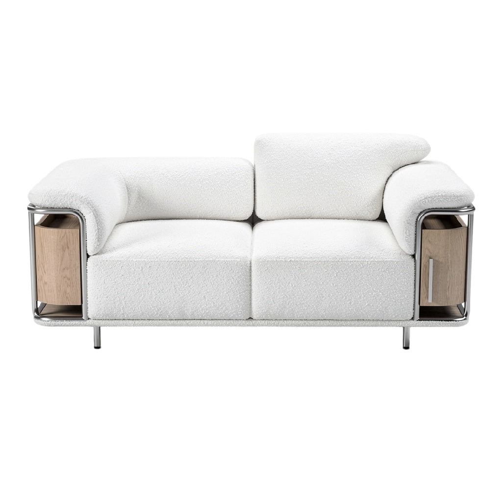 Moderne witte bank met houten accenten en comfortabele bekleding