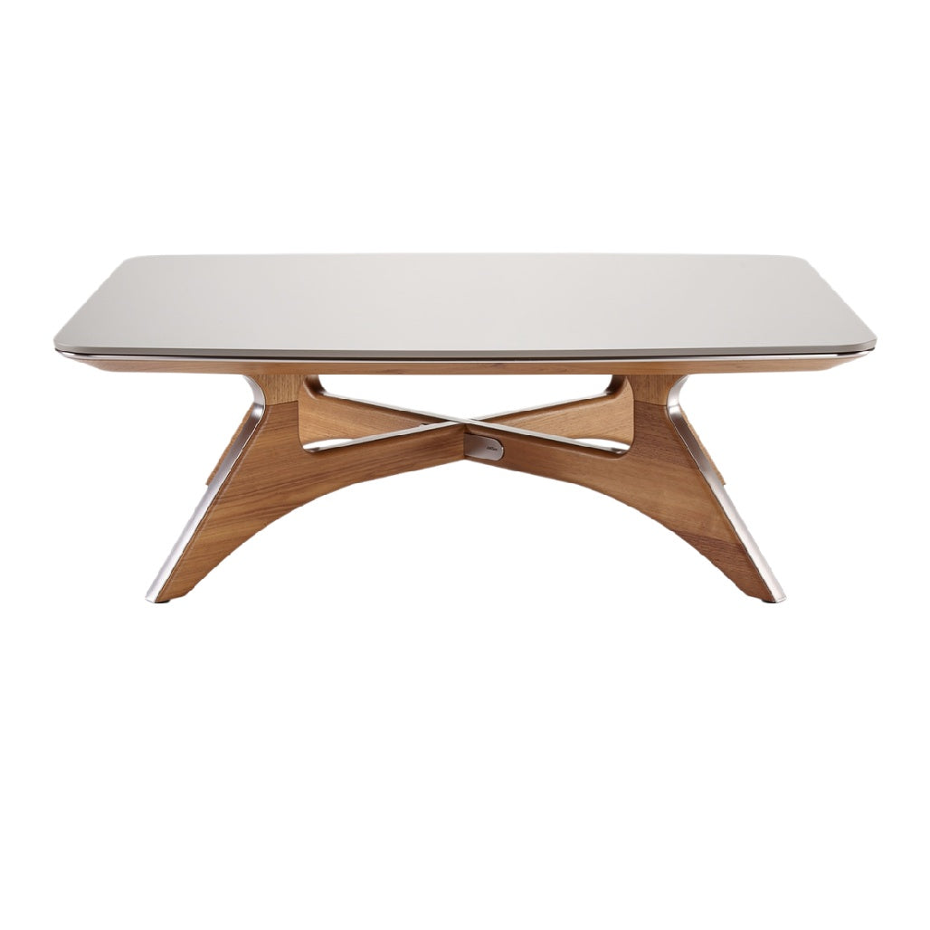 Technische Titel: "Moderne Houten Salontafel met Strakke Aluminium Accenten"