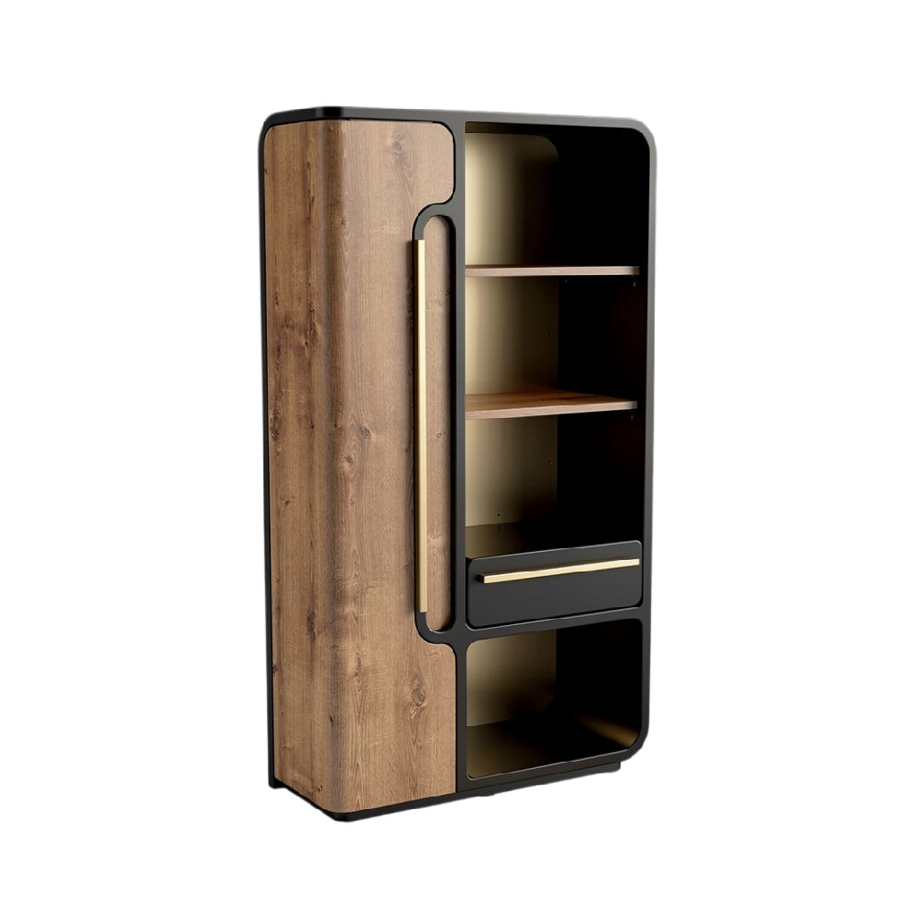 Technische Titel: "Moderne Houten Boekenkast met Zwarte Accenten en Open Planken"